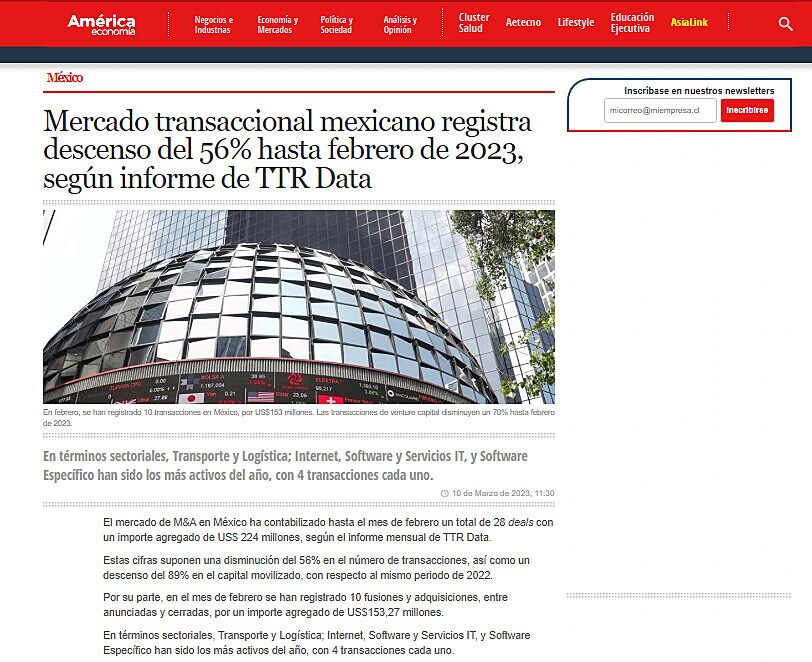 Mercado transaccional mexicano registra descenso del 56% hasta febrero de 2023, segn informe de TTR Data